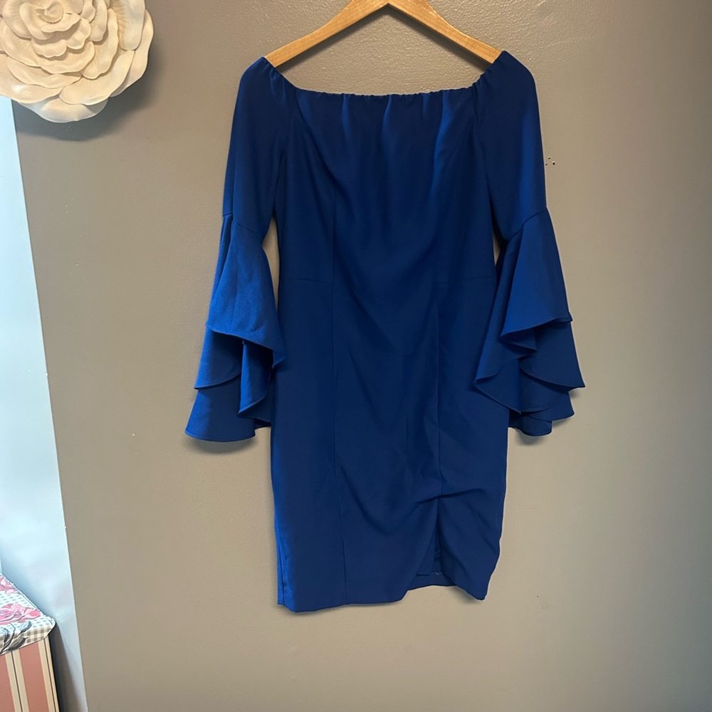 VENUS Blue Ruffled Off-Shoulder Cocktail Dress